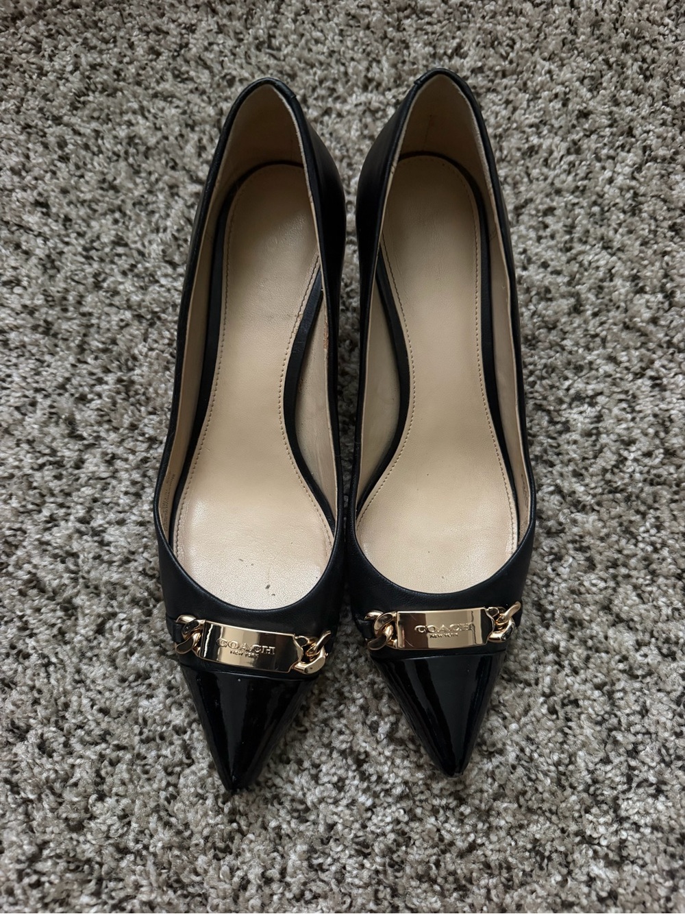 Coach Black Patent Pointed Toe Pumps with Gold Chain Plaque